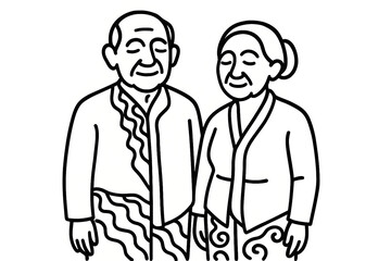 Elderly Couple in Traditional Clothing Line Art Illustration