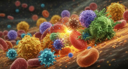 Colorful Microbial Landscape with Cells and Microorganisms in Detail