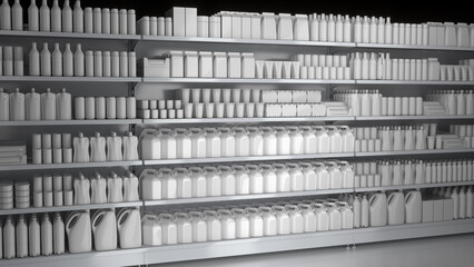 Supermarket shelves mockup with blank dairy products. 3d illustration