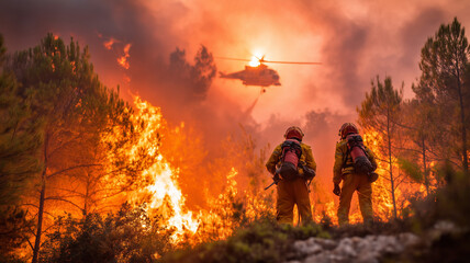 Intense forest fire scene with heroic firefighters and helicopters battling flames and smoke in dry pine woodland