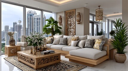 Obraz premium Luxury modern apartment living room with wooden furniture high resolution picture