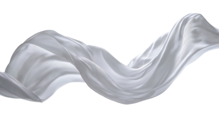 White fabric floating in the air. The cloth's delicate texture is highlighted as it billows and twists gracefully.