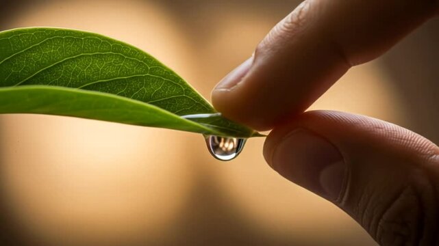 M&atilde;o humana segurando delicadamente uma folha verde com uma gota de &aacute;gua cristalina