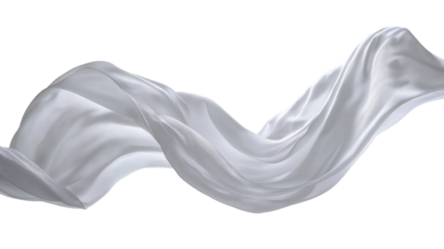 White fabric floating in the air. The cloth's delicate texture is highlighted as it billows and twists gracefully.