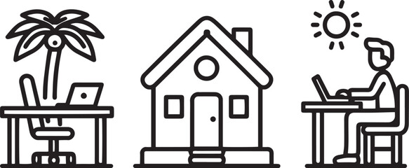 Remote Work and Home Office Line Icons. Freelancer, Laptop, House, Digital Nomad, Outdoor Work