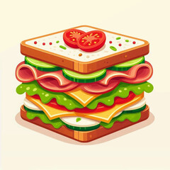 Cartoonish square sandwich with tomatoes cucumbers ham lettuce cheese tomato and onion on top against a white background