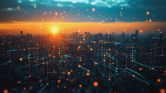 sunrise Aerial view of Smart digital Innovation city with connection network reciprocity over the cityscape. of future smart wireless digital city and social media networking systems that connects