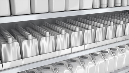 Close-up of supermarket shelves mockup with doypack stand-up spouted pouches in display boxes and soft liquid packaging pouches. 3d illustration