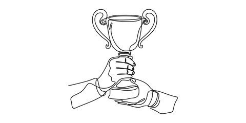 Continuous one line drawing of hand holds trophy cup competition. Champion trophy cup in single line draw illustration. Editable stroke, Champion cup One line drawing isolated on white background.
