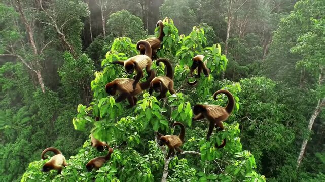Many monkeys moving in a lush rainforest canopy daylight view