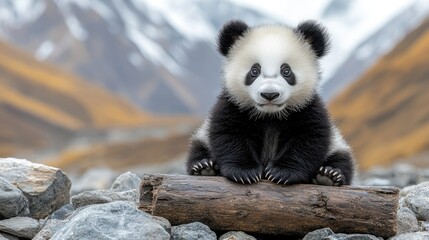 Obraz premium 3d rendering Majestic Panda Cub in Mountain Habitat: Stunning Wildlife Photography AI Generative