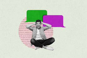 Composite zine pop trend collage of happy girl guy stand colorful bubble communication speech...