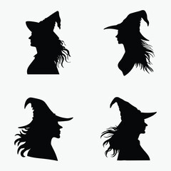 Witch profile silhouette, flying hair vector, Halloween hat icon, spooky character design, black and white art