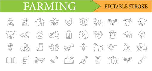 Farm Icon Set Line Art Illustrating Agricultural Elements and Farming Activities Suitable for Agriculture Related Designs and Projects