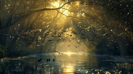 A sunlit forest waterway with a flock of birds in flight.