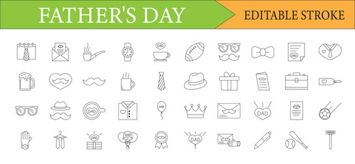 Father's Day Icon Set with Editable Stroke and Various Symbolic Representations in a Clean Line Art Style Design