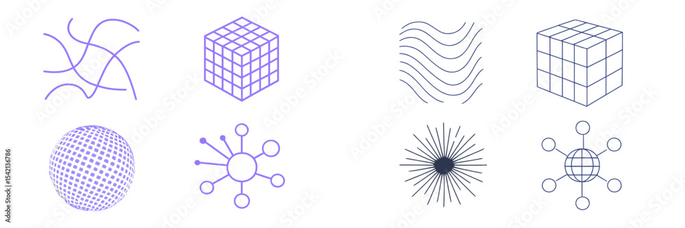 Poster geometric shapes and patterns arranged in a clean layout showcasing various designs and forms