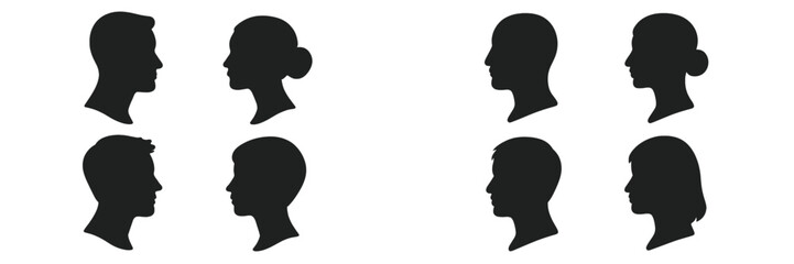 Diverse silhouettes of heads displaying various orientations and hairstyles in black against a blank background