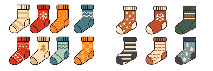Collection of colorful winter socks with various patterns displayed on a white background © icon_art
