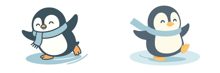 Two cheerful penguins wearing scarves glide happily across an icy surface in a winter wonderland setting