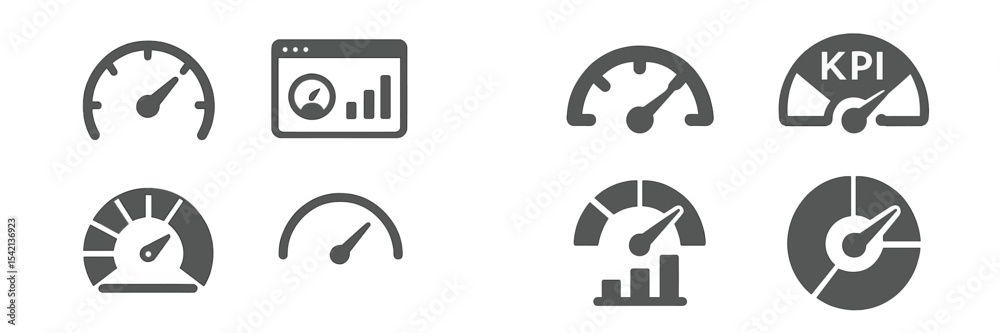 Poster various dashboard gauge icons representing performance metrics and analytics using grayscale design