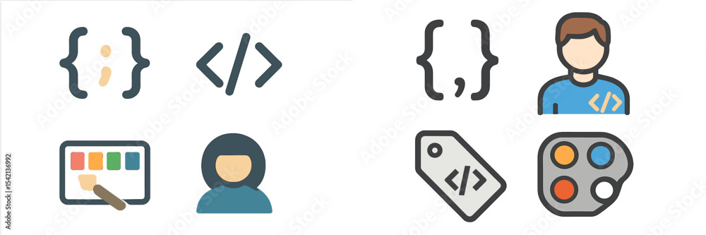 Poster digital design and coding symbols with depicted developers in an educational setting during daytime