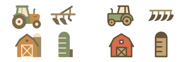 Tractors and farming equipment illustrate rural life and agricultural practices