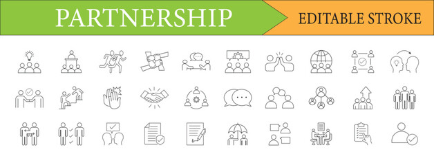 Diverse Partnership Icon Set Collaboration Teamwork and Business Concepts Featuring Communication Agreement and Success Editable Stroke Vector Illustrations