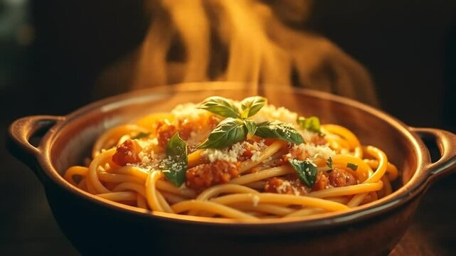 Delicious steamy pasta bowl served with aromatic basil and grated parmesan cheese
