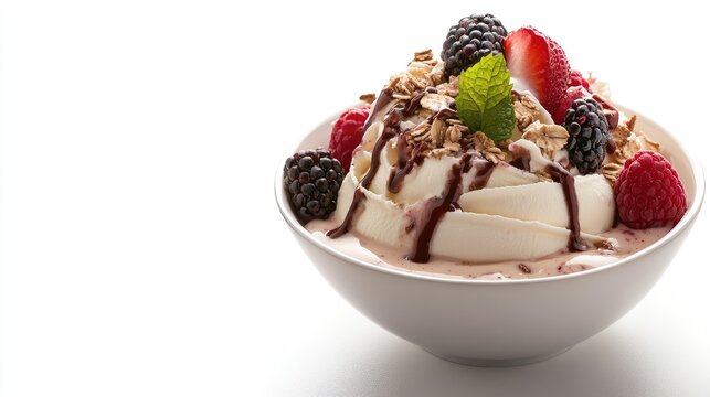 A bowl of yogurt parfait topped with whipped cream, granola, and berries