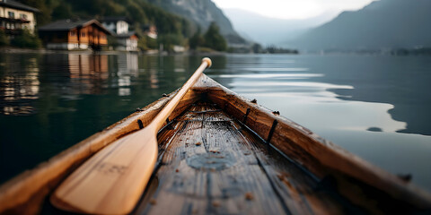 Wooden canoe with a paddle on calm lake water, surrounded by alpine houses and mountains in the distance at sunrise