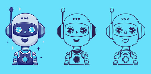 Chatbot Face, Assistant AI robot character set. Vector Outline and color hand drawing Avatar. Isolated symbols for tech support, security, chatbot, futuristic design. Not AI
