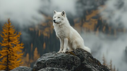 Obraz premium 3d rendering Majestic Arctic Wolf in Mountain Landscape: Stunning Wildlife Photography AI Generative