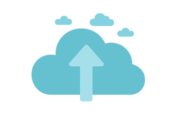 Cloud storage symbol featuring an upward arrow with light blue clouds on a white background