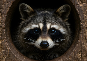 Obraz premium Curious Raccoon Peeking from Hole