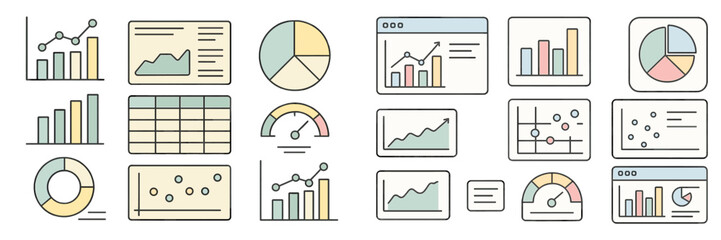 Various data visualization elements, including graphs, charts, and tables, suitable for presentations and reports