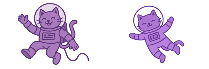Cute cartoon cats in astronaut suits floating in space with smiles, exploring the cosmos during a playful adventure