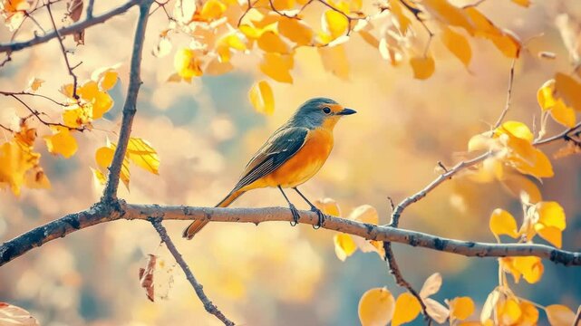 A yellow finch perched on a branch amidst autumn leaves.