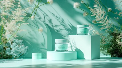 Scientific cosmetic skincare laboratory display featuring glass flask in 3d rendered background