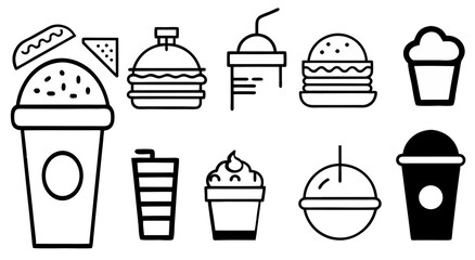 Variety of Fast Food Items Illustrated in Black and White