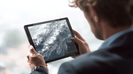A businessman analyzing data on a tablet while gazing out a window, blending work with technology and innovation.