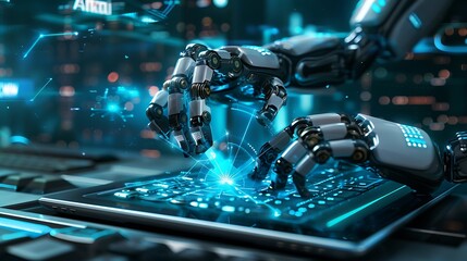 Robotic hands typing on a futuristic keyboard.