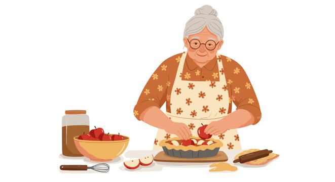 Grandmother preparing an apple pie with fresh apples in the kitchen on a white background