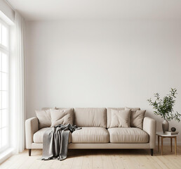  Bright and modern living room featuring a comfortable beige sofa, a minimalist side table with a plant, and abundant natural light, ideal for contemporary interior design concepts.