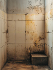 Dirty tiled bathroom wall with mold and stains
