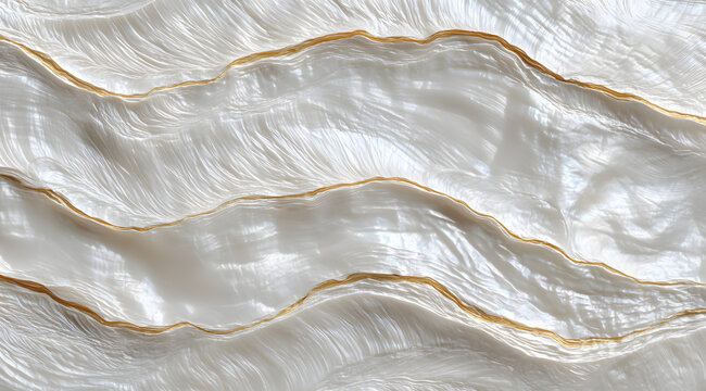 Detailed close-up of natural shell texture with smooth waves and shimmering golden lines, illuminated softly