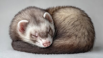 A cozy, sleeping ferret curled up in a soft position, showcasing its beautiful fur and peaceful demeanor.