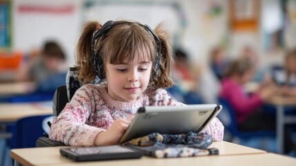 A focused girl with headphones engages with a tablet in a lively classroom environment, highlighting modern learning.