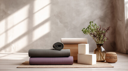 Minimal yoga props stack with mats, blocks and vase in calm studio