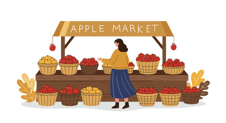 Woman at an apple market stall with baskets of apples on a white background
